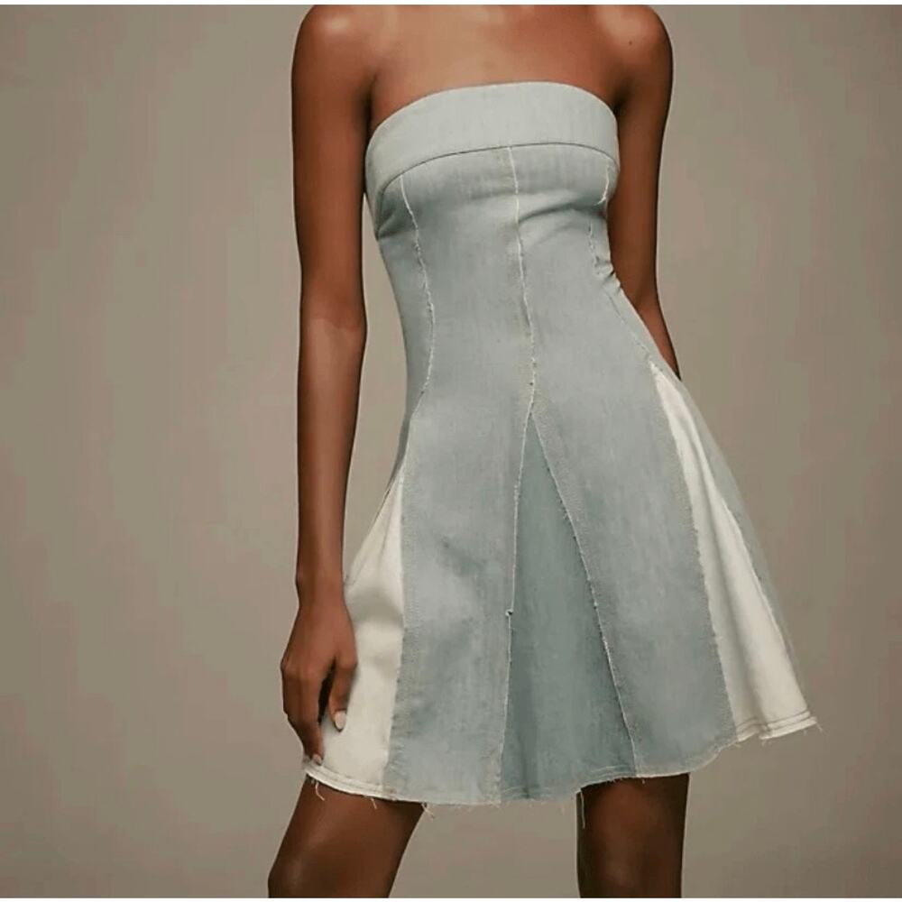 Anthropologie Pilcro Strapless Seamed Denim Mini Dress XS Boho Cowgirl Festival